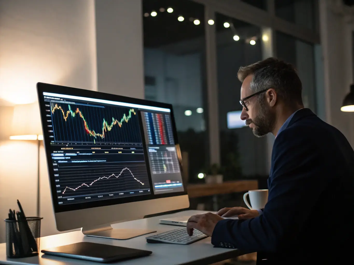 An image of a financial advisor reviewing investment portfolios on a computer screen with UK stock market graphs, representing professional investment management services in the UK.