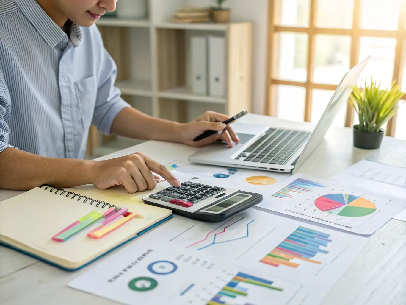 A modern professional working on a budget plan on a tablet, with a cup of tea and a financial newspaper nearby, set in a bright, contemporary UK home office.