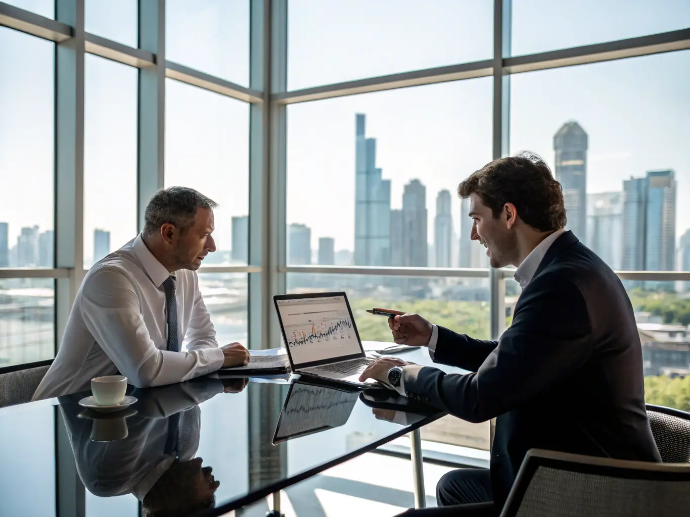 An image of a financial advisor discussing plans with a client over documents and a laptop, with UK landmarks in the background, symbolizing personalized financial planning services in the UK.